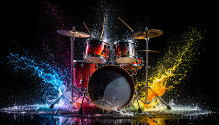 Drum set on black background with colorful splashes. Music concept.の素材