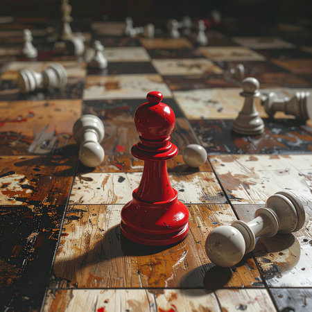 Wooden chess board with chess pieces on it. Selective focus.の素材