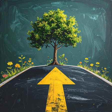 Road to success concept with a tree on the road and yellow arrowの素材