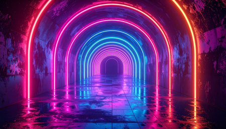 3d render, abstract background with neon lights, tunnel, corridorの素材