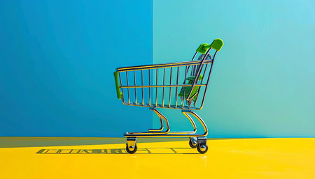 Shopping cart on a yellow and blue background. Online shopping conceptの素材