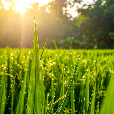 Green rice field with dew drops in morning sunlight. Beautiful nature background.の素材