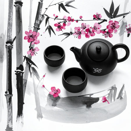 teapot and cups of tea with cherry blossom on white backgroundの素材