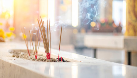 Incense sticks burning in the temple, religion and worship concept.の素材