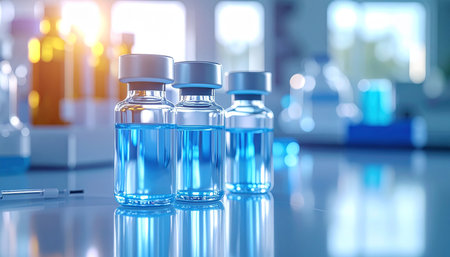 Glass vials with medicine on table in laboratory. 3d renderingの素材