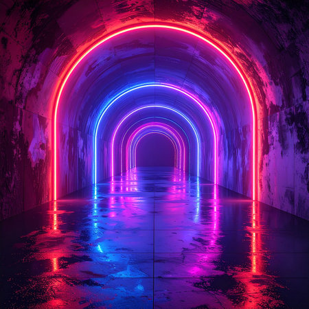 Neon tunnel with reflections on the floor. 3d rendering.の素材