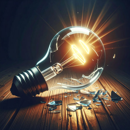 Glass lightbulb on wooden floor and broken light bulb. Idea conceptの素材