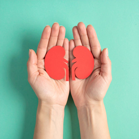 Female hands holding anatomical model of kidneys on color background, closeupの素材