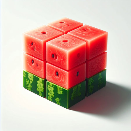 Watermelon cubes on a white background. 3d render illustration.の素材