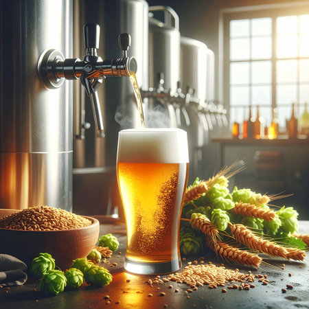 Glass of beer on the table in pub. Beer brewing concept.の素材