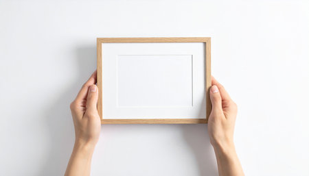 Top view of woman hands holding wooden frame on white background with copy spaceの素材