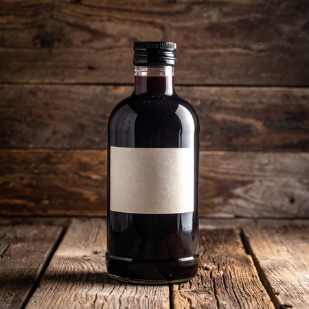 bottle of red wine with blank label on rustic wooden backgroundの素材