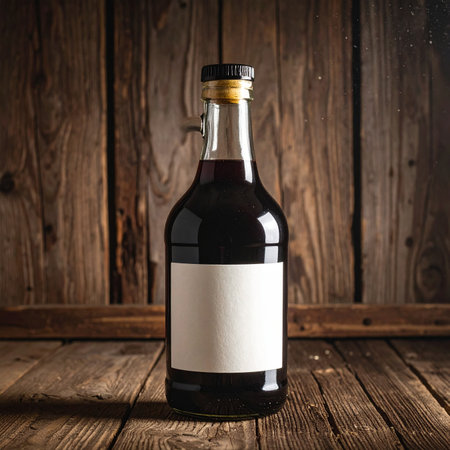 bottle of red wine with blank label on rustic wooden backgroundの素材