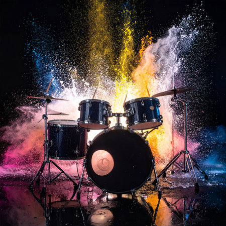 Drum set on a black background with splashes of colored powderの素材