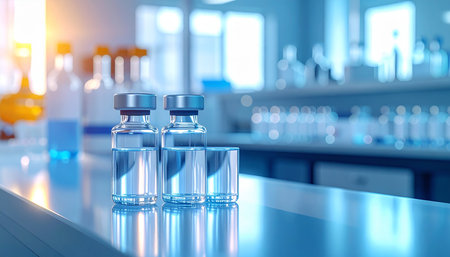 Vaccine vials on the table in the laboratory. 3d renderingの素材