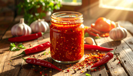 Homemade hot chili sauce in a glass jar on a wooden tableの素材