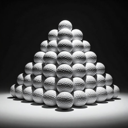 Golf ball pyramid on a black background. 3d illustration.の素材