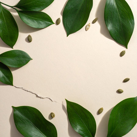 Creative layout made of green leaves and seeds on beige background. Flat lay. Nature concept.の素材