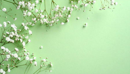 Gypsophila flowers on green background. Flat lay, top view.の素材