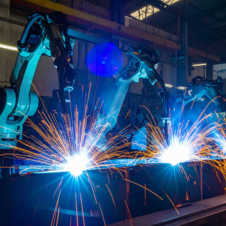 Welding robots movement in a car factory. Industrial automotive part manufacturingの素材