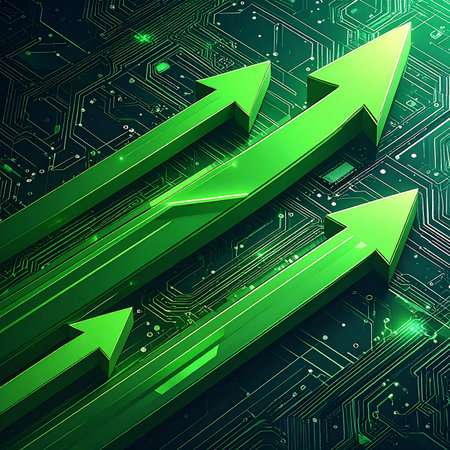 High tech green arrows on circuit board background. 3d illustration.の素材