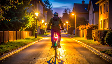 Cyclist riding a bike on a paved road in the eveningの素材