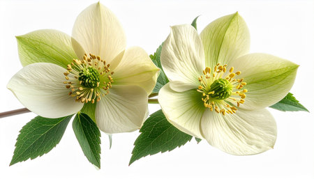 Three white hellebore flowers on a white background, isolatedの素材