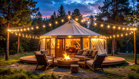 Camping tent in the forest at sunset. Beautiful summer landscape.の素材
