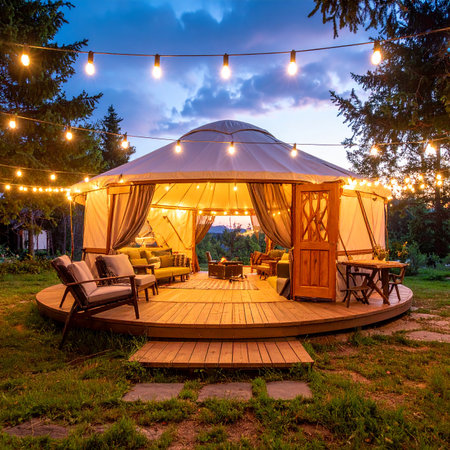 Outdoor terrace with wooden furniture and garland lights at sunsetの素材