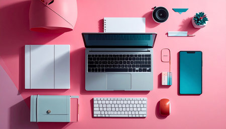 Top view of modern workplace with laptop, smartphone and office supplies on pink backgroundの素材