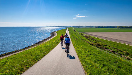 Cyclists on the dike along the coast of the Netherlandsの素材