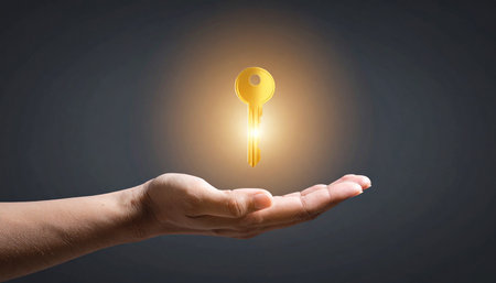Close up of human hand holding golden key on dark background. Security conceptの素材