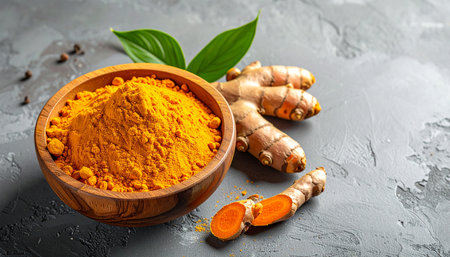 Turmeric powder in a wooden bowl on a gray concrete background.の素材
