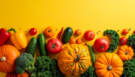 Autumn vegetables on yellow background, top view with copy space.の素材