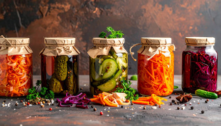Fermented vegetables in glass jars on a dark background. Copy space.の素材