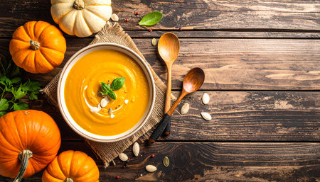 Pumpkin cream soup on wooden background. Top view with copy spaceの素材
