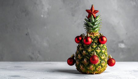 Christmas pineapples with red ornaments on a concrete backgroundの素材