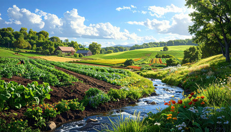 Vibrant spring landscape with a small creek and a farm houseの素材