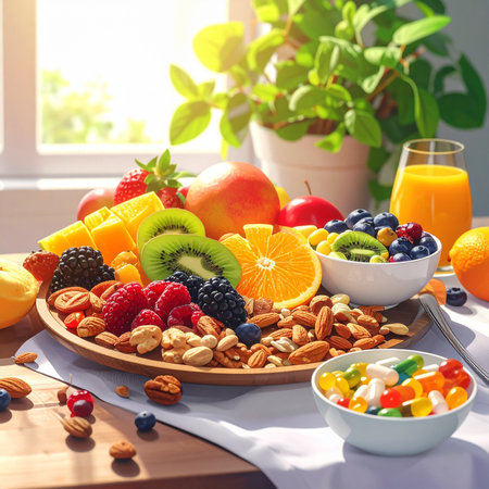 Healthy breakfast with fruits and berries on wooden table. Healthy food conceptの素材