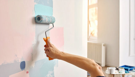 Woman paints the wall with a roller in the room. Painting the walls with paint roller.の素材
