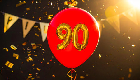 Red balloon with gold number 90 and falling confetti on dark background Clear details and vibrant colors enhan...の素材