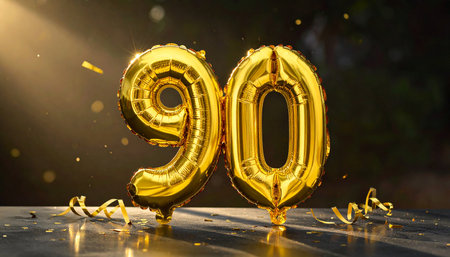 Golden number 90 balloons with streamers and confetti are displayed on a dark surface with light rays.の素材