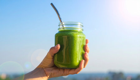 Hand holding a mason jar filled with green smoothie and a metal straw against a bright blue sky.の素材