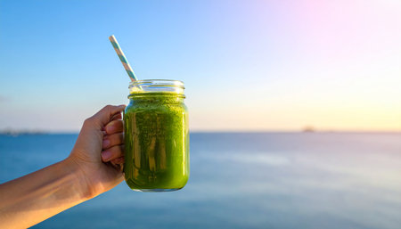 Hand holding a mason jar with green smoothie, with a straw, against a backdrop of the ocean and sky.の素材