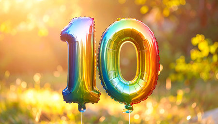 Shiny rainbow number 10 foil balloons in golden hour sunlight with bokeh Clear details and vibrant colors enha...の素材