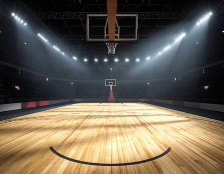 An empty basketball court with bright stadium lights illuminating the wooden floor and seating.の素材