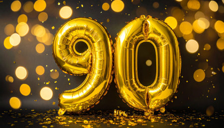 Golden number 90 balloons are surrounded by confetti and glowing bokeh lights on a dark background.の素材