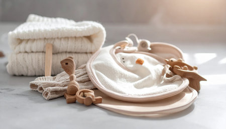 Stacked white knitted baby clothes with wooden toys and a bib on a textured grey surface.の素材
