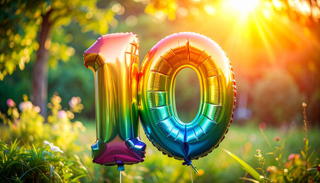 Rainbow number 10 foil balloons float in a sunny garden with bokeh background Clear details and vibrant colors...の素材