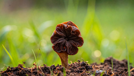 (103) showing brown mushroom cap with intricate folds emerging from dark soil keywords: mushroom, fungus, toadstool, brown, cap, gills, texture,...の素材